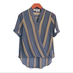 Pink Martini gray‎ gold striped hi-lo blouse